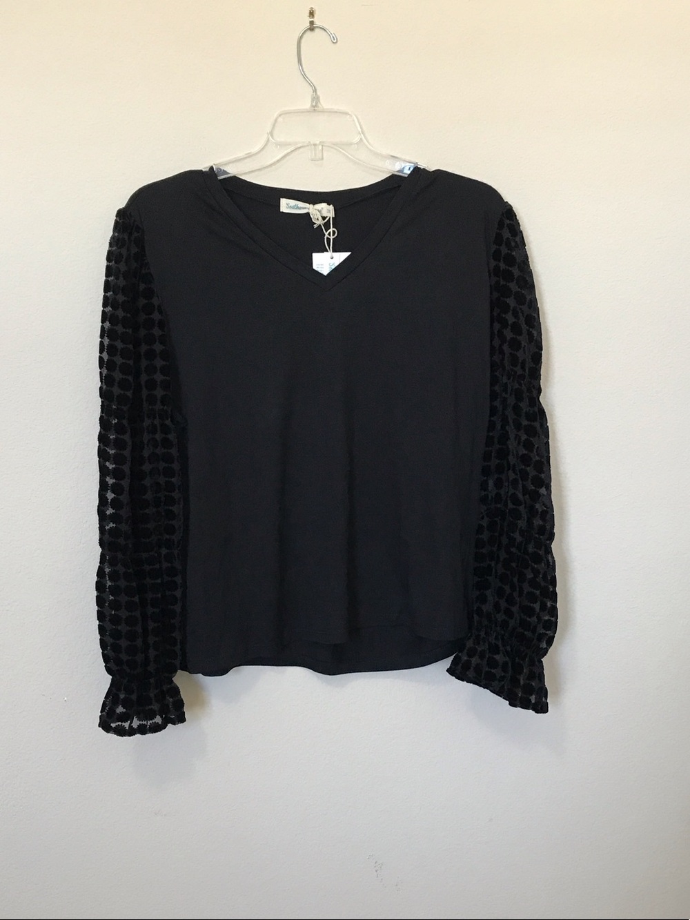 Southern Grace Black V-Neck Top with Velvet Dot Bishop Sleeves